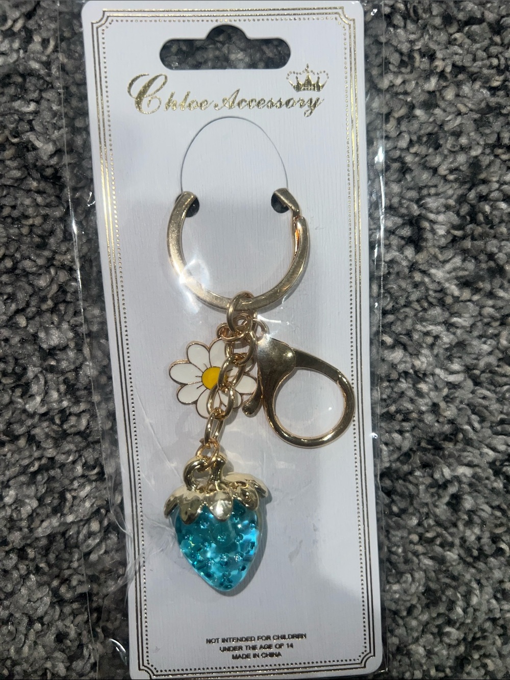 Gold Keyring with Turquoise Strawberry & White Daisy Charm